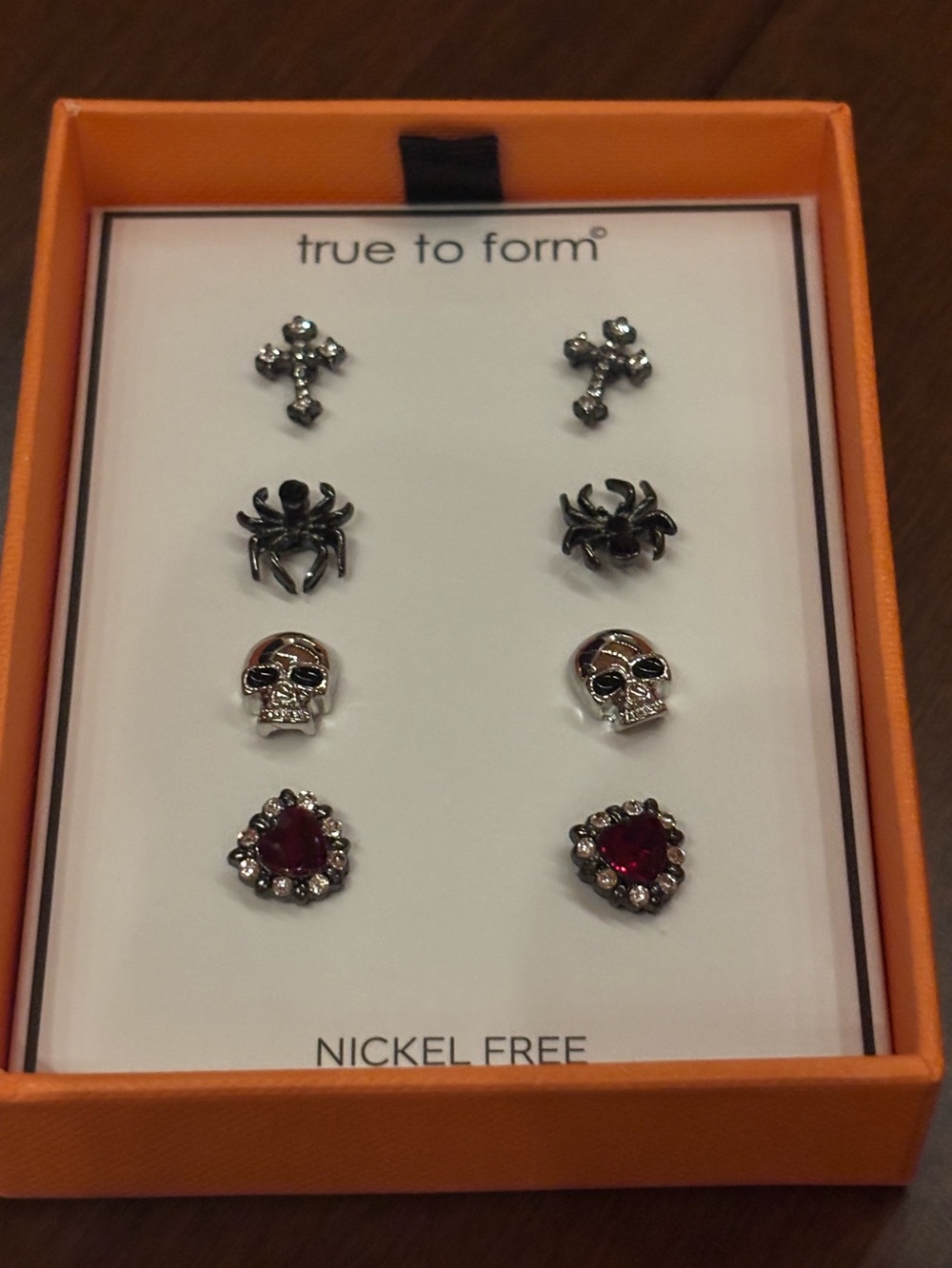 NIB True to Form Stud Earring Set of 4: spider, skull, cross, red heart